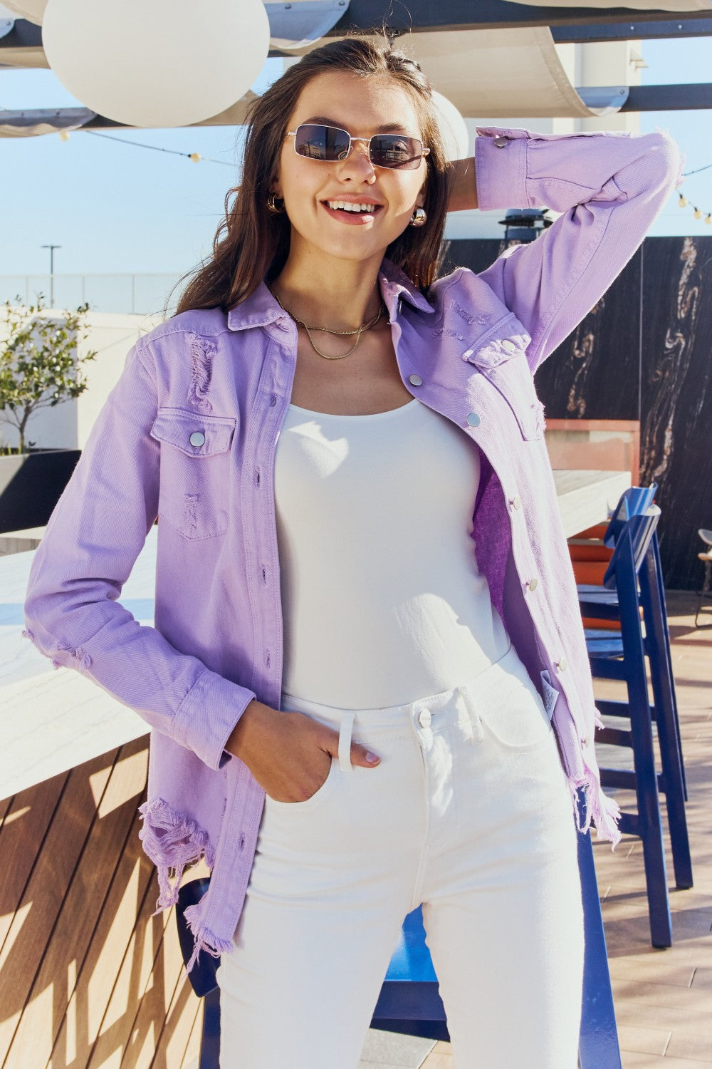 Lavender Distressed Button Down Denim Jacket in Lavender
