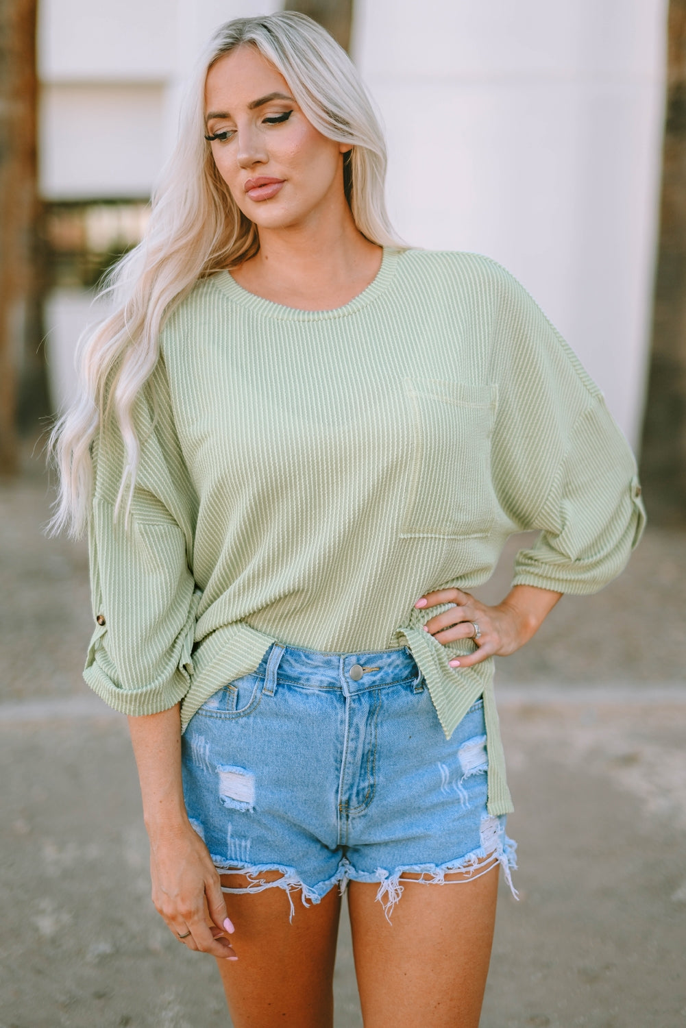 Round Neck Ribbed Long Sleeve Blouse with Pocket