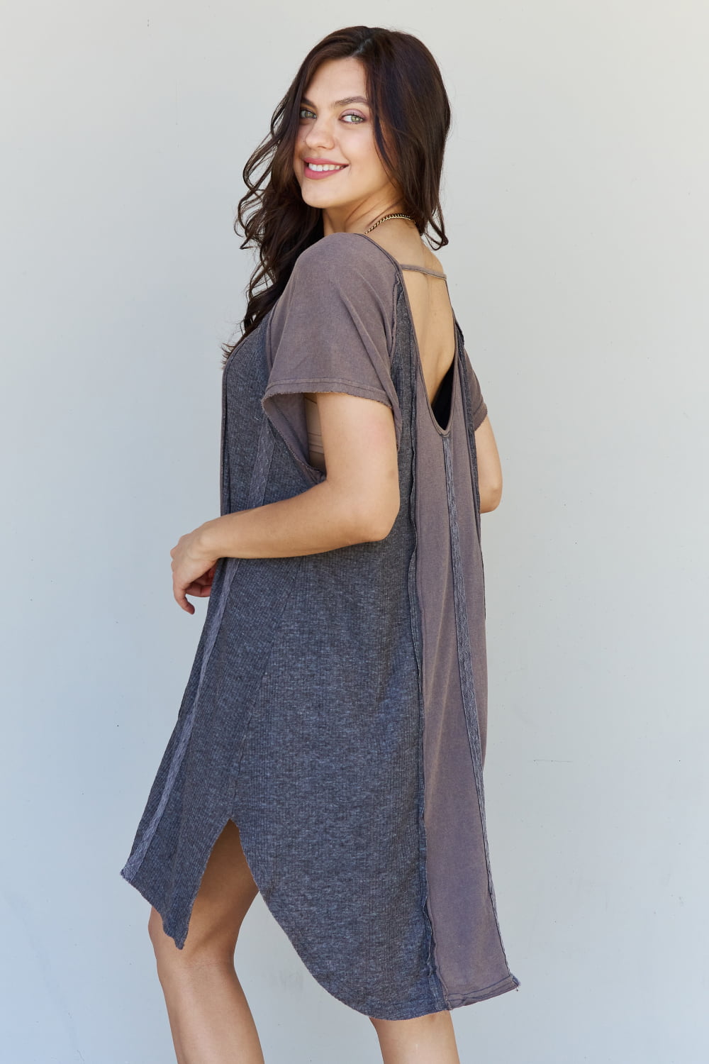 All Day Comfort Front Hook Contrast T-Shirt Dress in Mocha