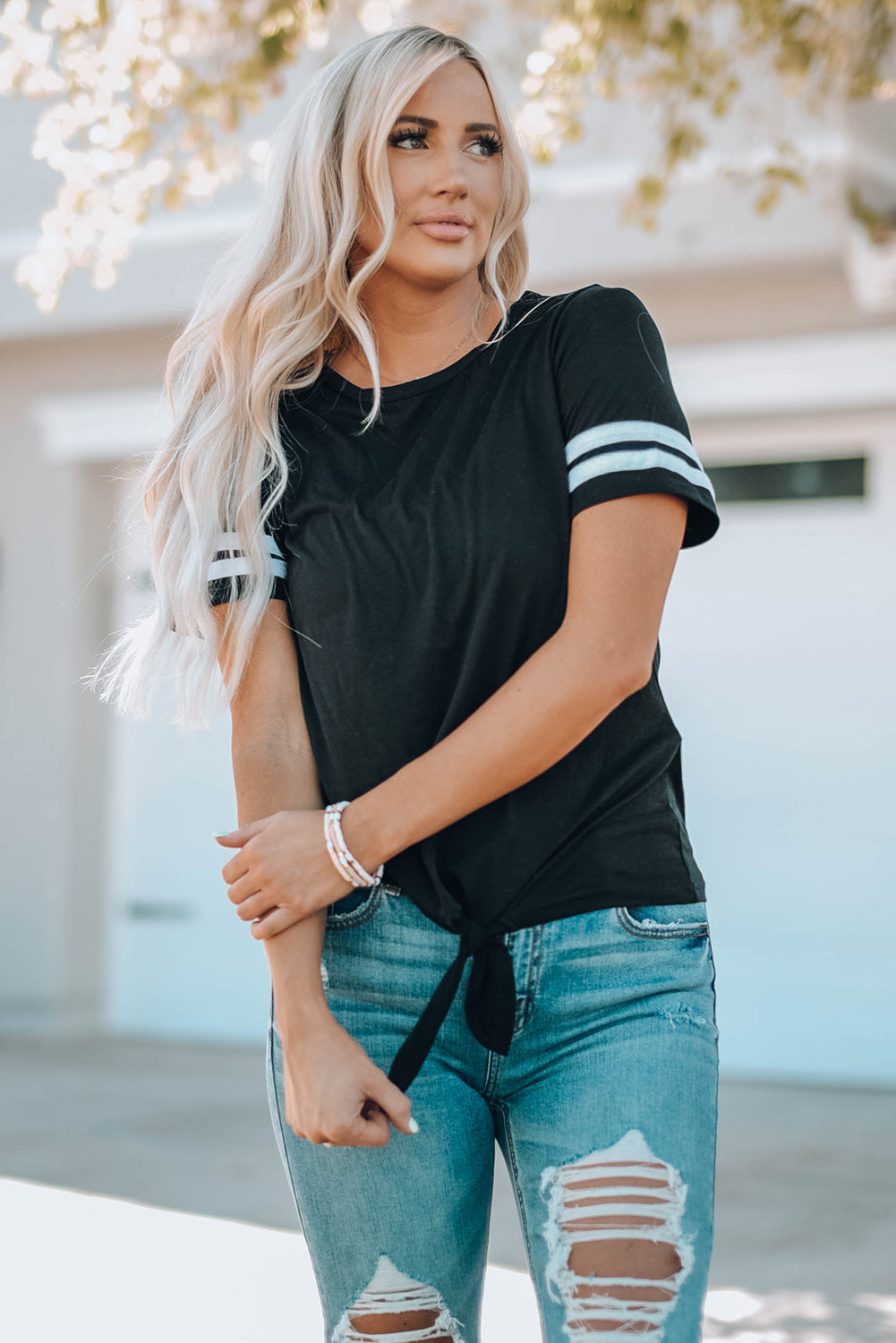 Sporty Striped Tie Front T-Shirt
