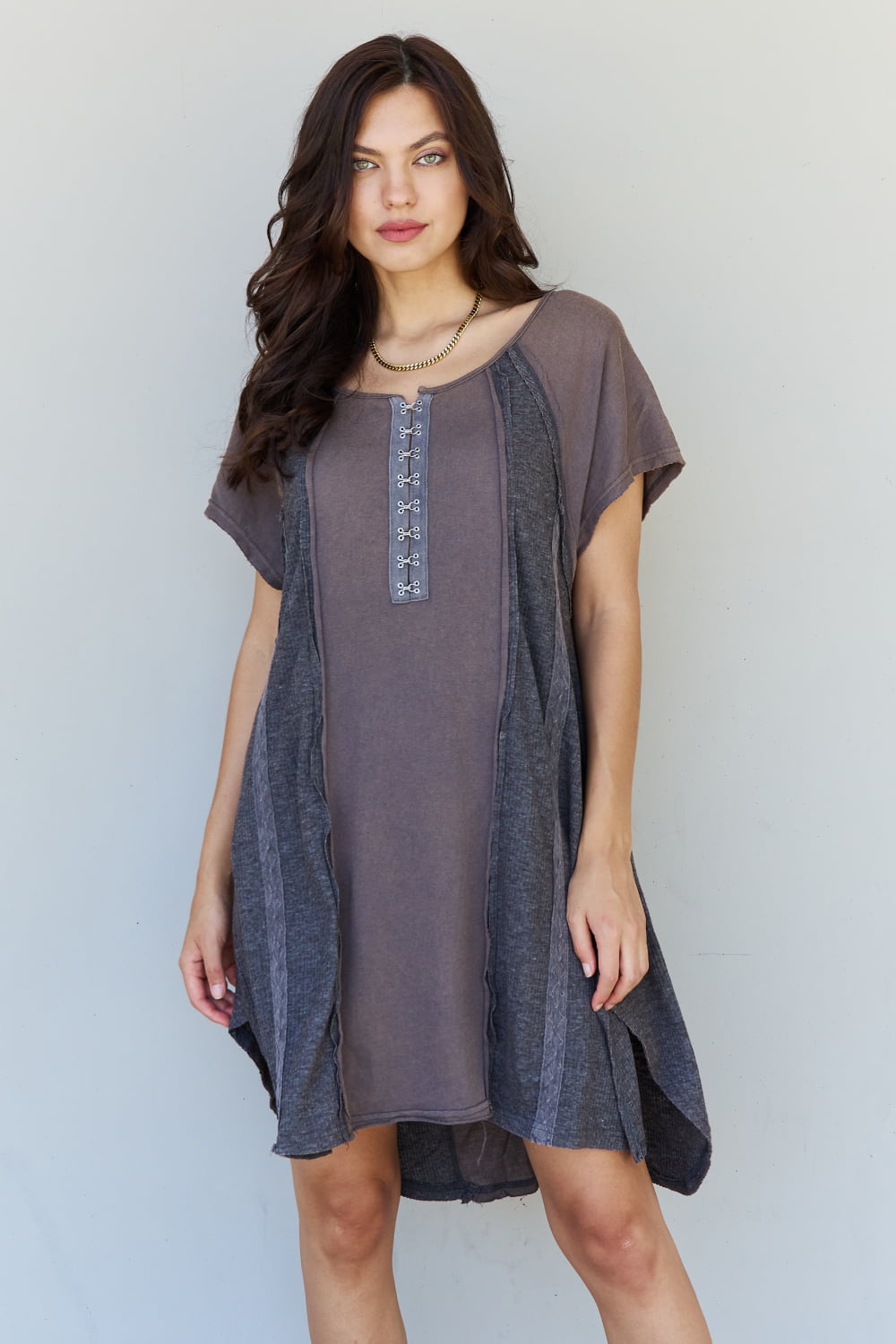 All Day Comfort Front Hook Contrast T-Shirt Dress in Mocha