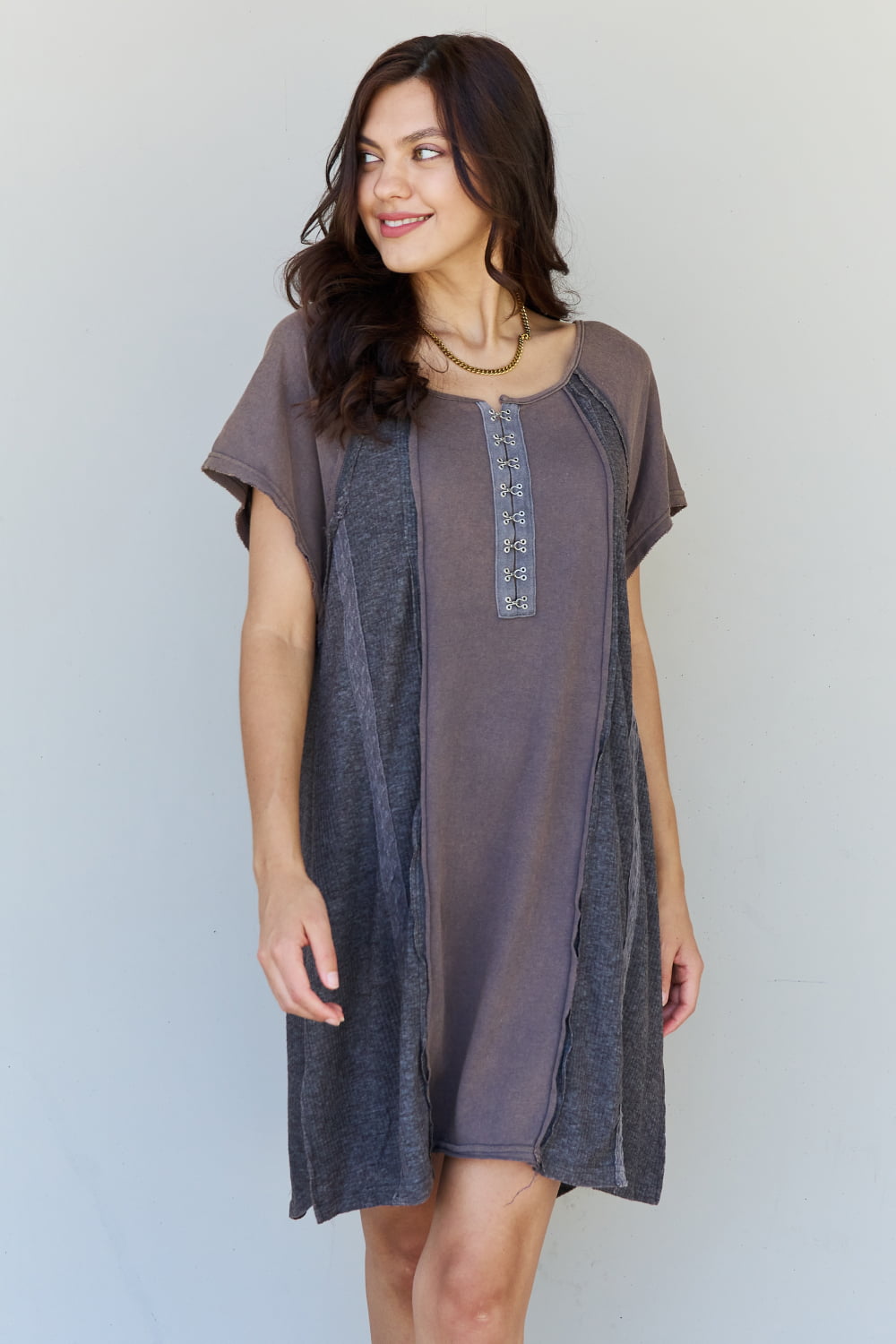 All Day Comfort Front Hook Contrast T-Shirt Dress in Mocha