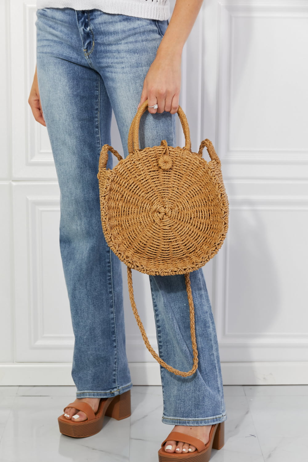 Feeling Cute Rounded Rattan Handbag in Camel