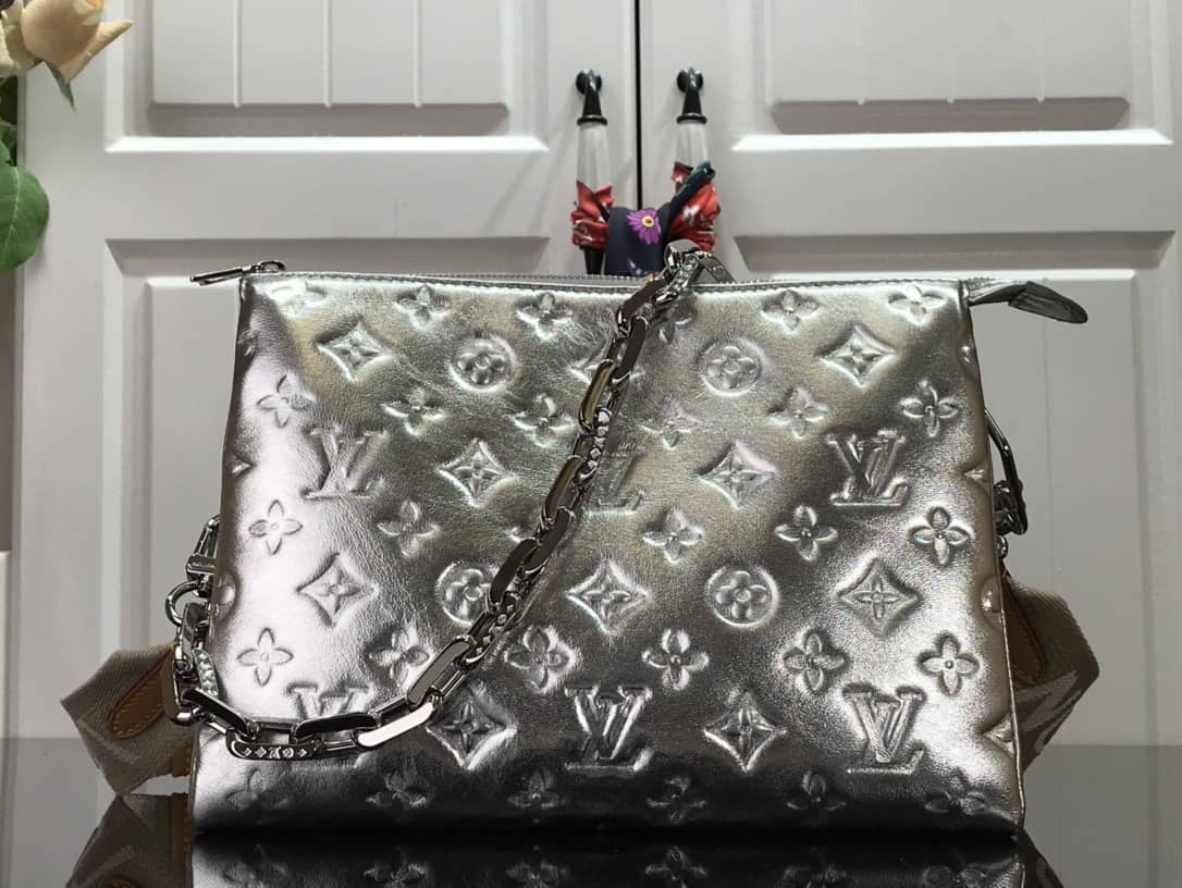 Best Replica Louis Vuitton Cream Coussin PM Monogram Embossed Lambskin Replica Bag Silver M57793 - Colareps