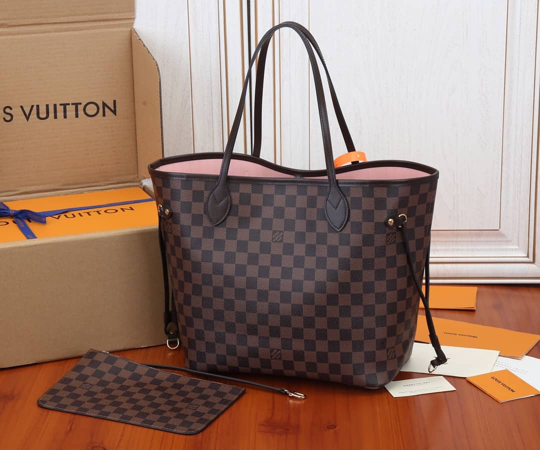 Best Replica Louis Vuitton Neverfull Dupe MM Damier Ebene Tote Replica Pink N41358 - Colareps
