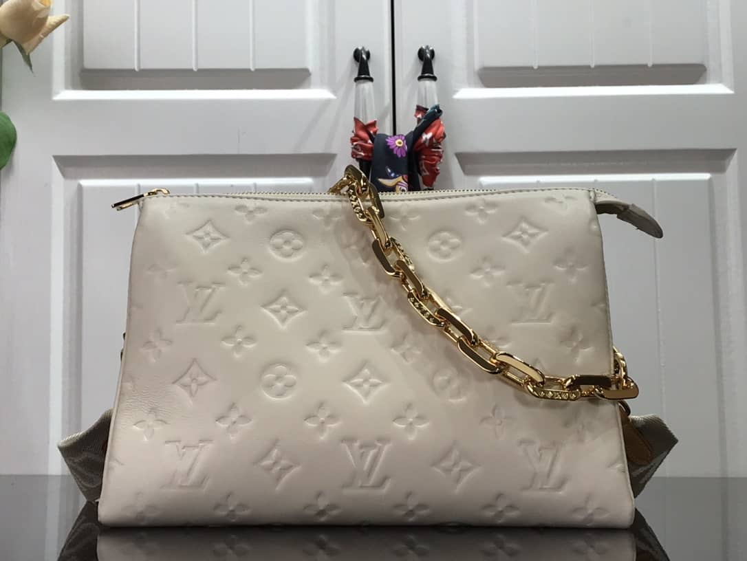 Best Replica Louis Vuitton Cream Coussin PM Monogram Embossed Lambskin Replica Bag White M57793 - Colareps