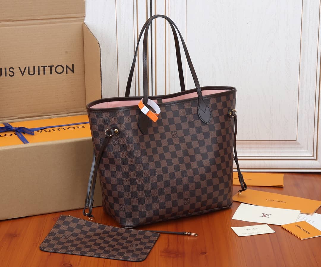 Best Replica Louis Vuitton Neverfull Dupe MM Damier Ebene Tote Replica Pink N41358 - Colareps
