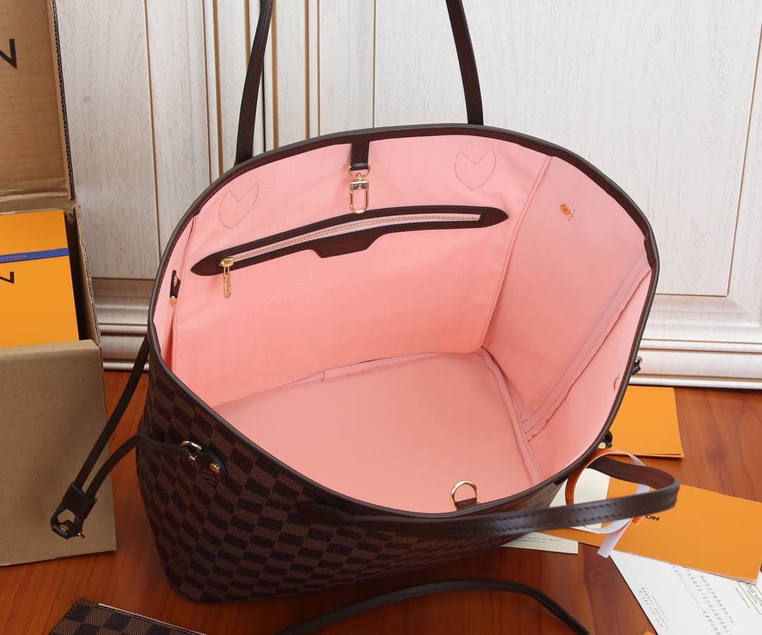 Best Replica Louis Vuitton Neverfull Dupe MM Damier Ebene Tote Replica Pink N41358 - Colareps