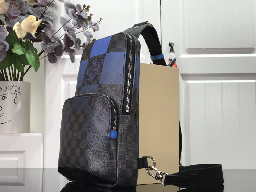 Best Replica Louis Vuitton Damier Graphite Mens Avenue Replica Sling Bag Black Blue N40403 - Colareps