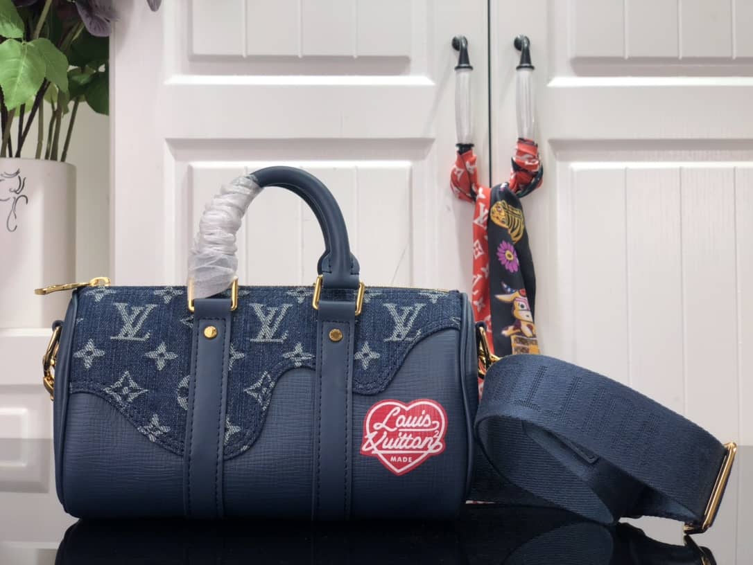 Best Replica Louis Vuitton x Nigo Keepall XS Leather Monogram Denim Bag Replica Blue M81011 - Colareps