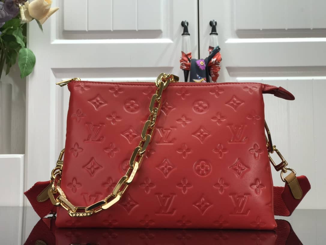 Best Replica Louis Vuitton Cream Coussin PM Monogram Embossed Lambskin Replica Bag Red M57793 - Colareps