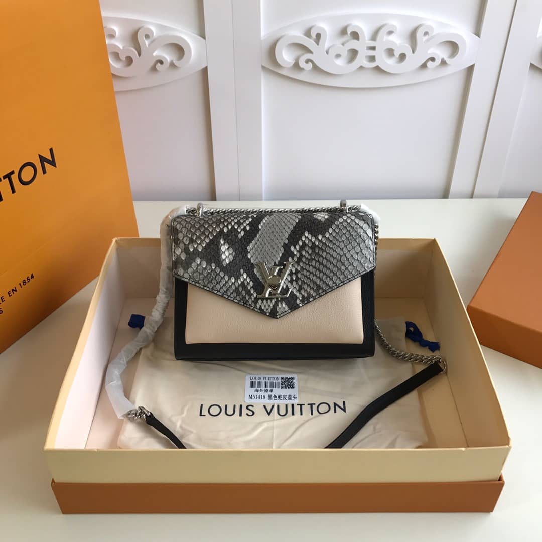 Best Replica Louis Vuitton MyLockMe BB Calf Chain Replica Shoulder Bag Black Beige M51418 - Colareps