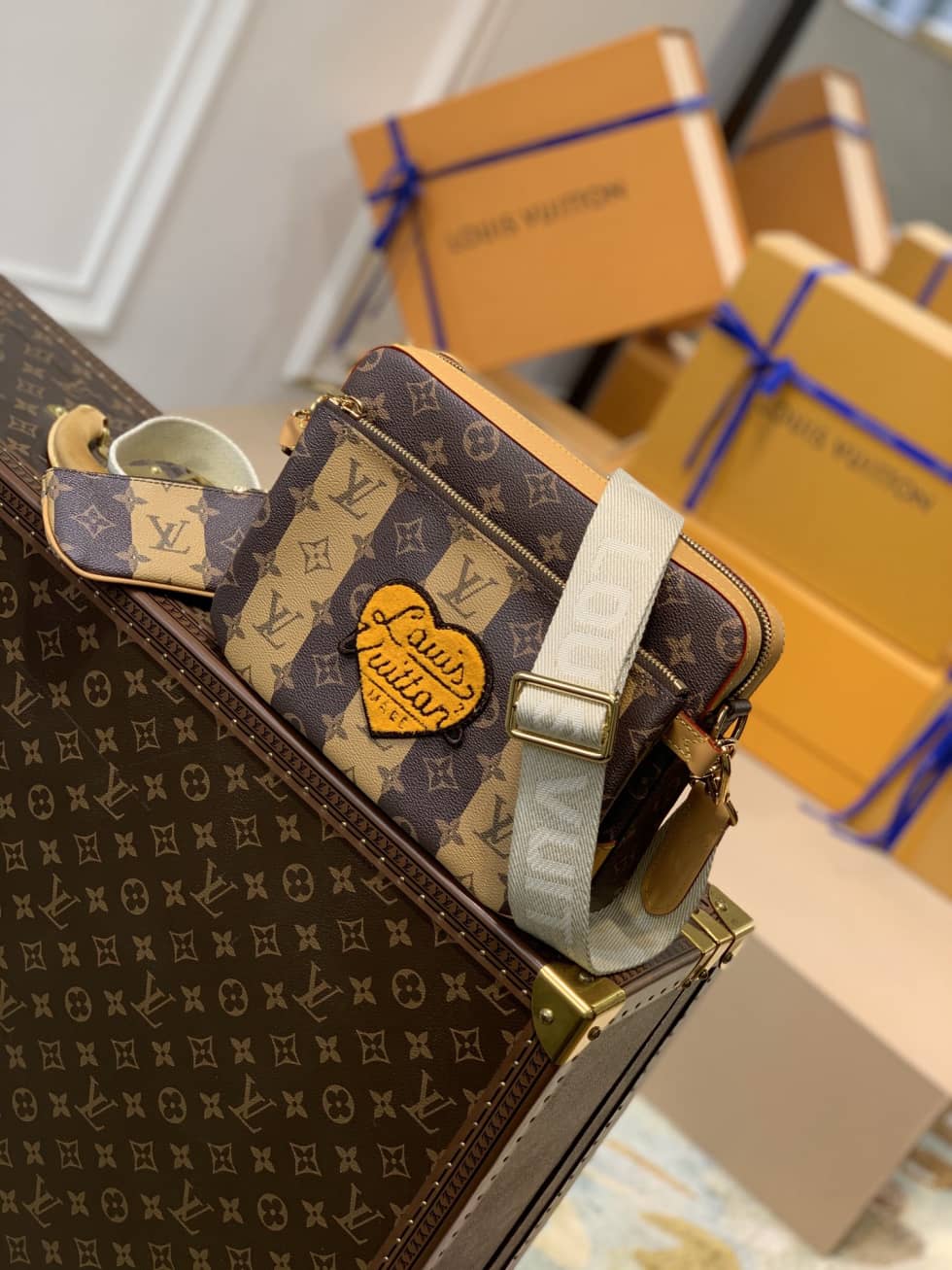 Best Replica Louis Vuitton x Nigo Trio Monogram Stripes Brown M45965 Replica Messenger Bag - Colareps