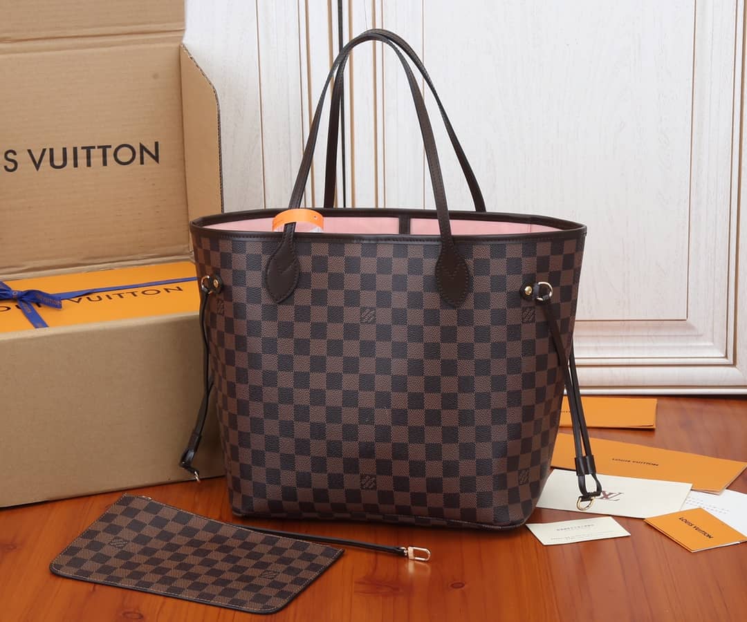 Best Replica Louis Vuitton Neverfull Dupe MM Damier Ebene Tote Replica Pink N41358 - Colareps