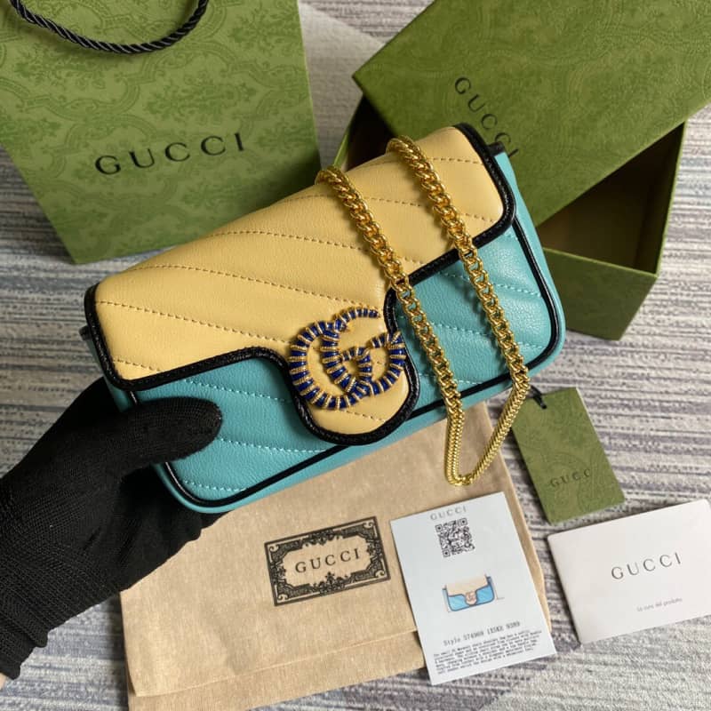 Best Replica Gucci GG Marmont Mini Matelasse Leather Shoulder Bag Replica Yellow Blue 574969 - Colareps