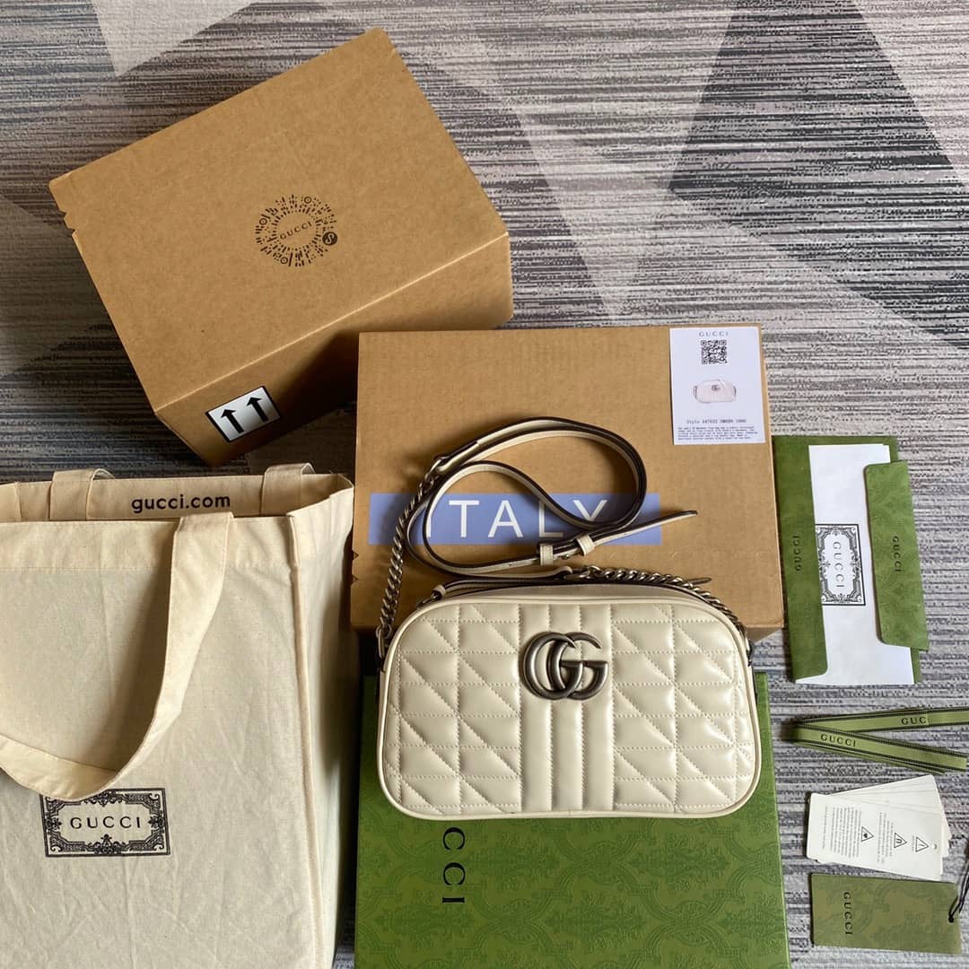 Best Replica Gucci GG Marmont Small Shoulder Handbag Camera Bag Replica White 447632 - Colareps