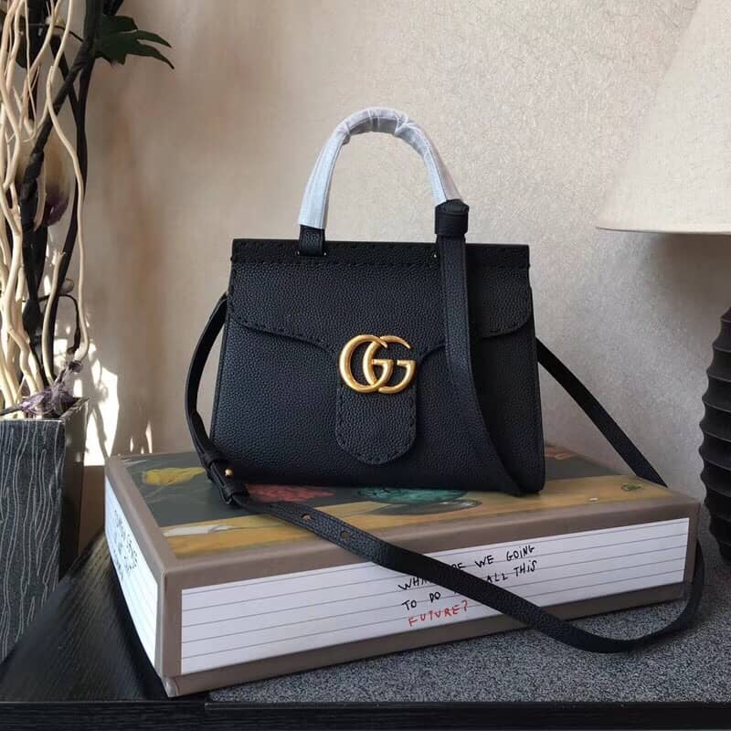 Best Replica Gucci GG Marmont Leather Top Handle Replica Bag Black 421890 - Colareps