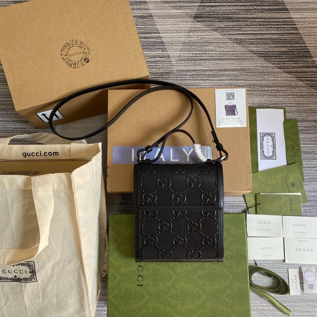 Best Replica Gucci GG Embossed Leather Shoulder Bag Black 627470 - Colareps