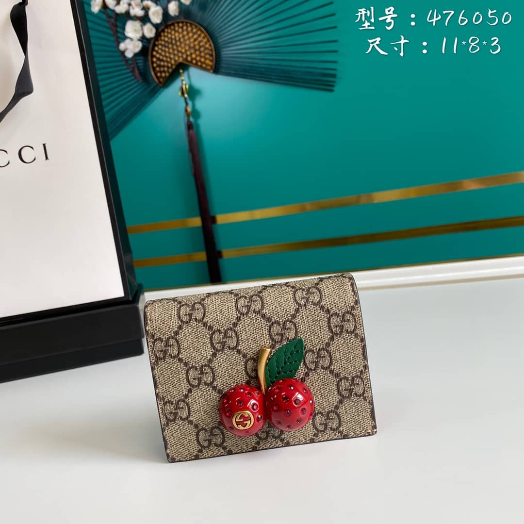 Best Replica Gucci Supreme GG Wallet Card Case With Cherries Replica 476050 - Colareps