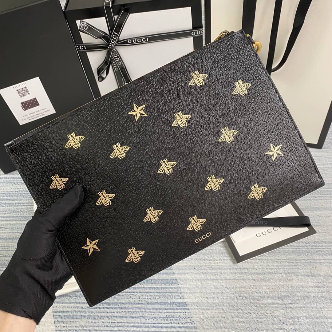Best Replica Gucci Mens Bee Star Leather Pouch Replica 495066 - Colareps