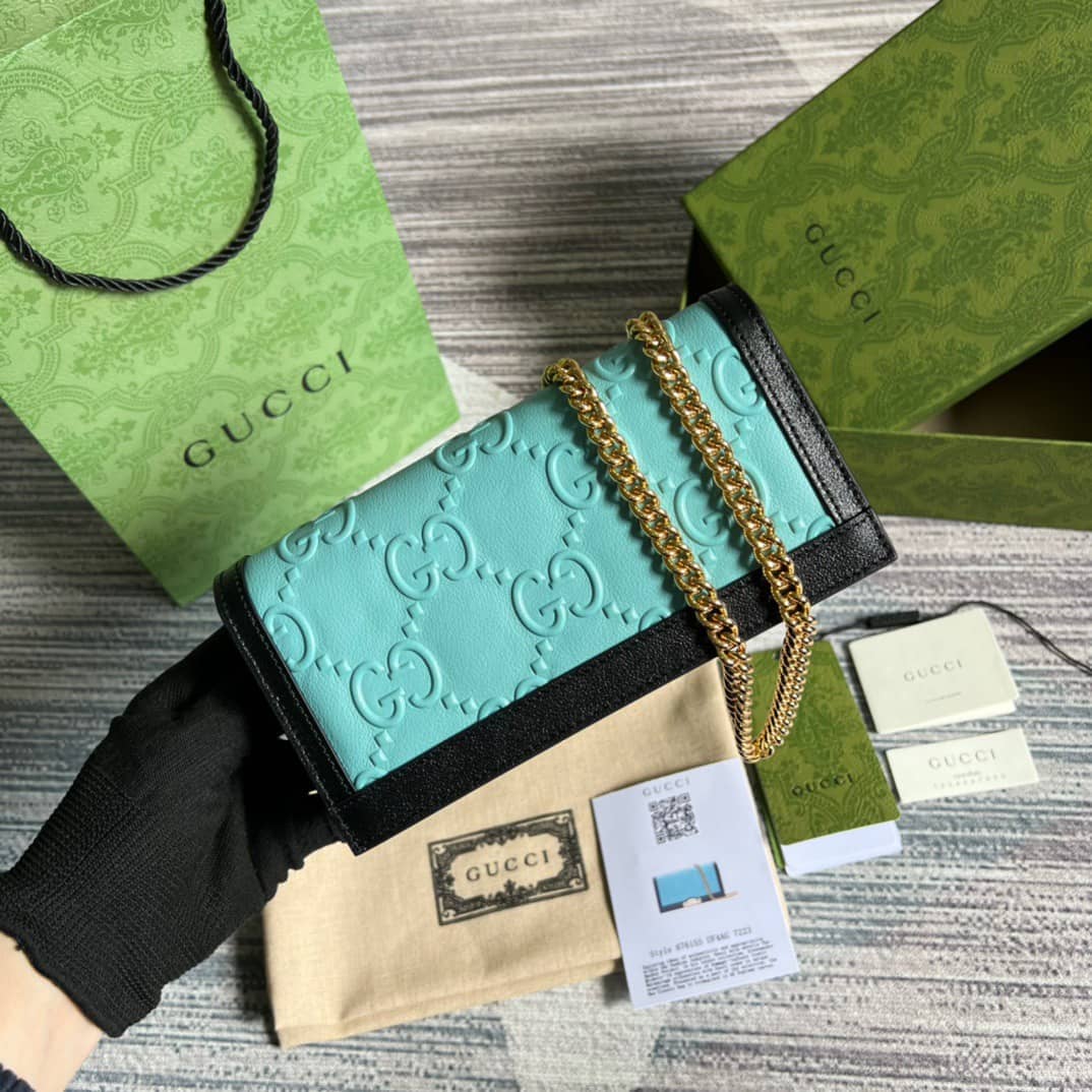 Best Replica Gucci GG Wallet With Chain Light Blue 676155 Replica - Colareps