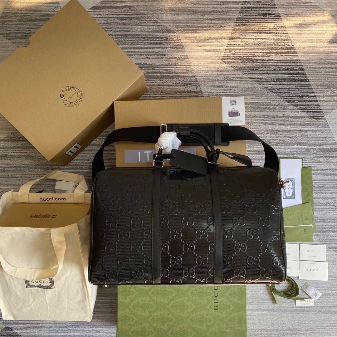 Best Replica Gucci GG Embossed Perforated Leather Duffle Bag Replica Black 625768 - Colareps