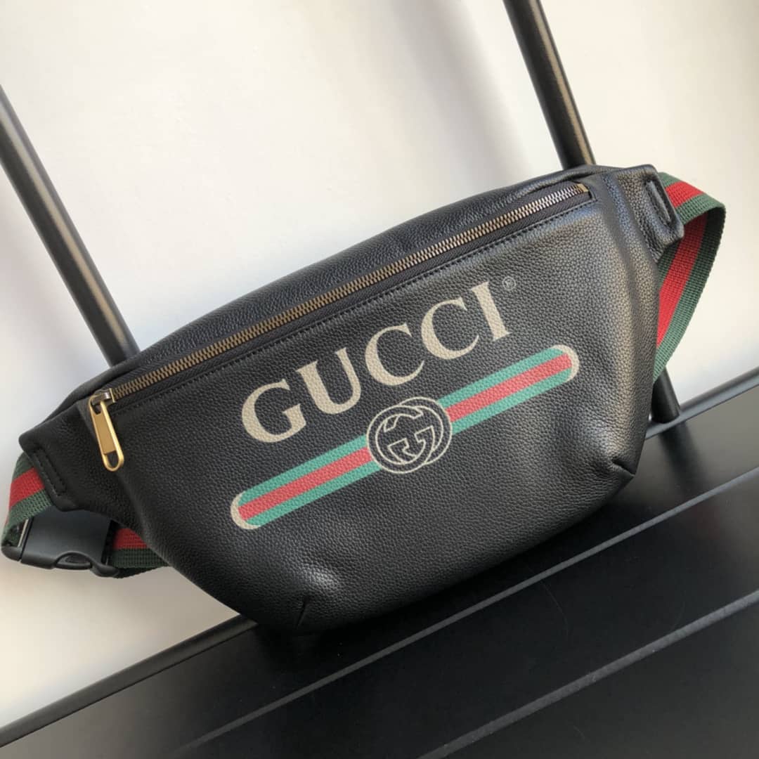 Best Replica Gucci Print Leather Belt Waist Bum Bag Replica Black 493869 - Colareps