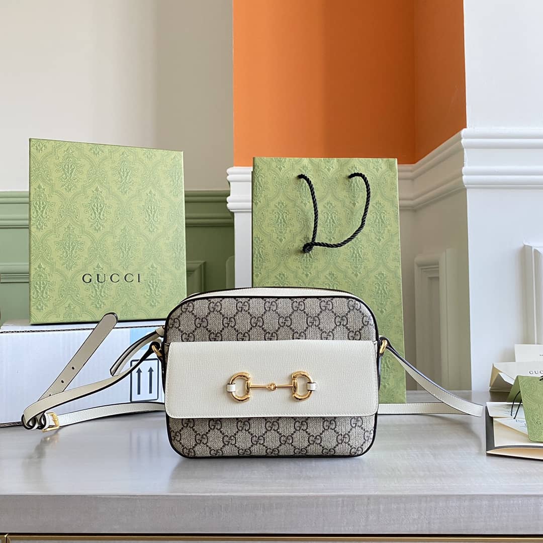 Best Replica Gucci Horsebit 1955 GG Crossbody Bag Replica Gray White 645454 - Colareps