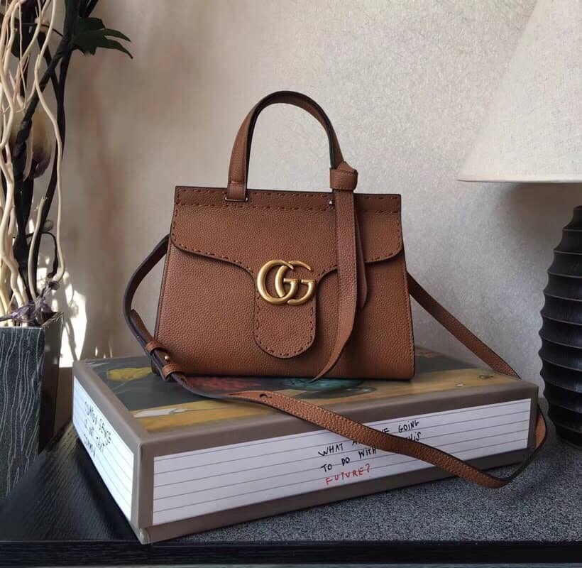 Best Replica Gucci GG Marmont Leather Top Handle Replica Bag Brown 421890 - Colareps