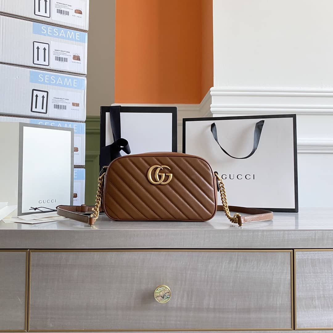 Best Replica Gucci GG Marmont Small Shoulder Handbag Camera Bag Replica Brown 447632 - Colareps