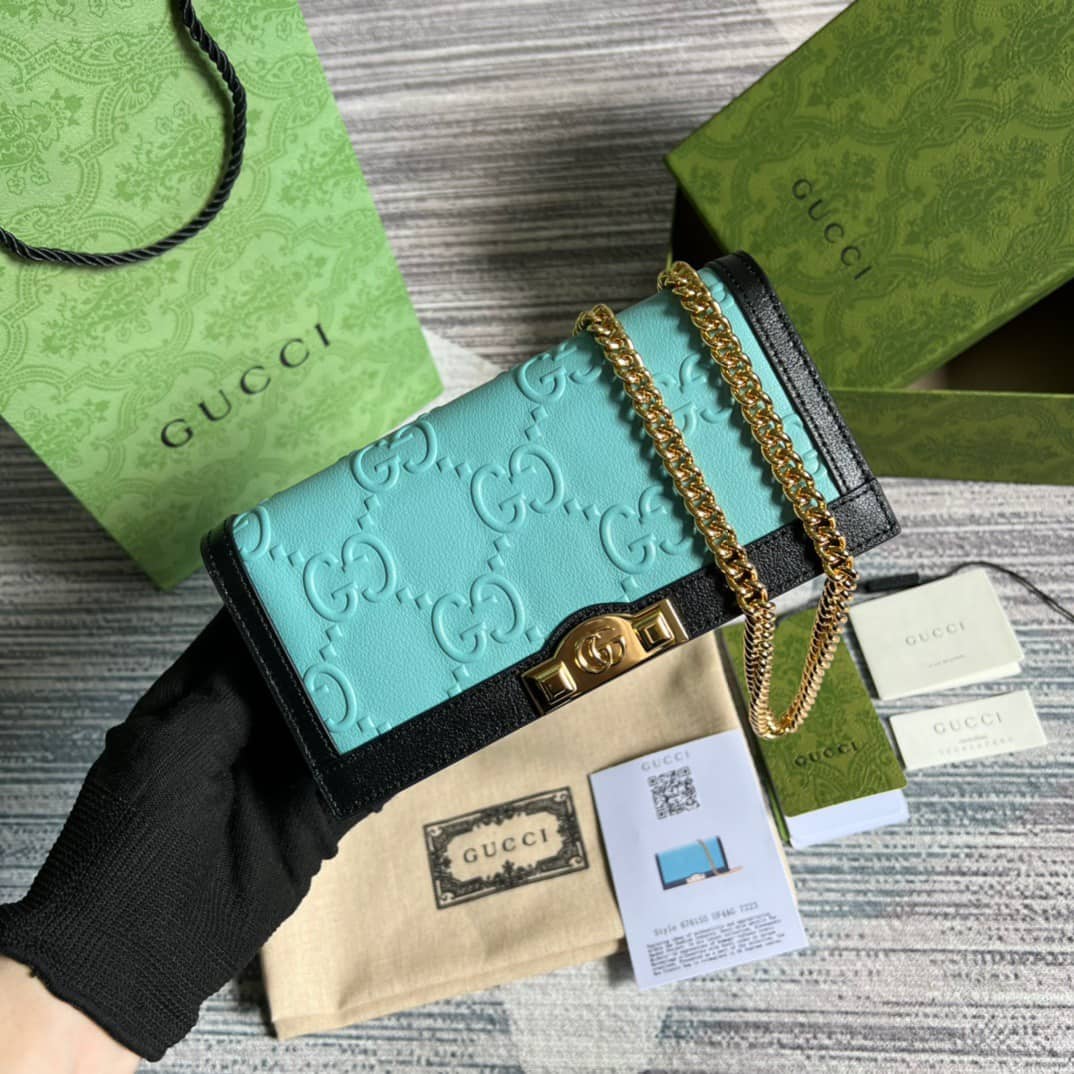 Best Replica Gucci GG Wallet With Chain Light Blue 676155 Replica - Colareps