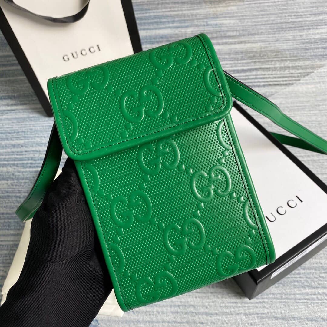 Best Replica Gucci GG Embossed Leather Mini Messenger Bag Replica Green 625571 - Colareps