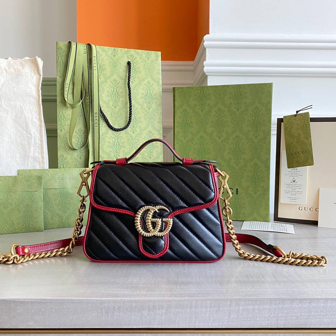 Best Replica Gucci GG Marmont Mini Top Handle Bag Replica Black Red 583571 - Colareps