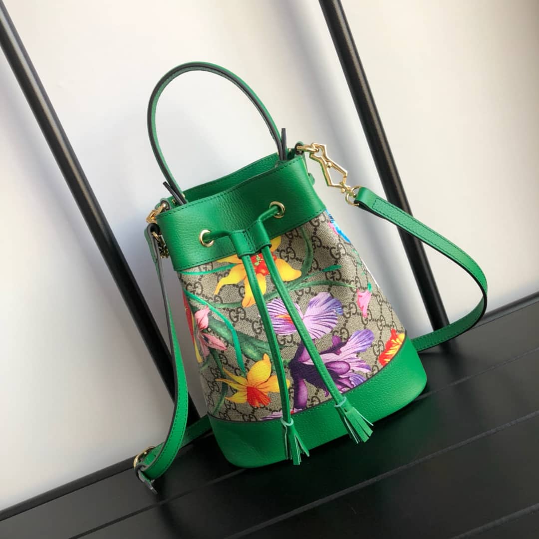 Best Replica Gucci Ophidia GG Flora Pattern Small Bucket Bag Replica Green 550621 - Colareps