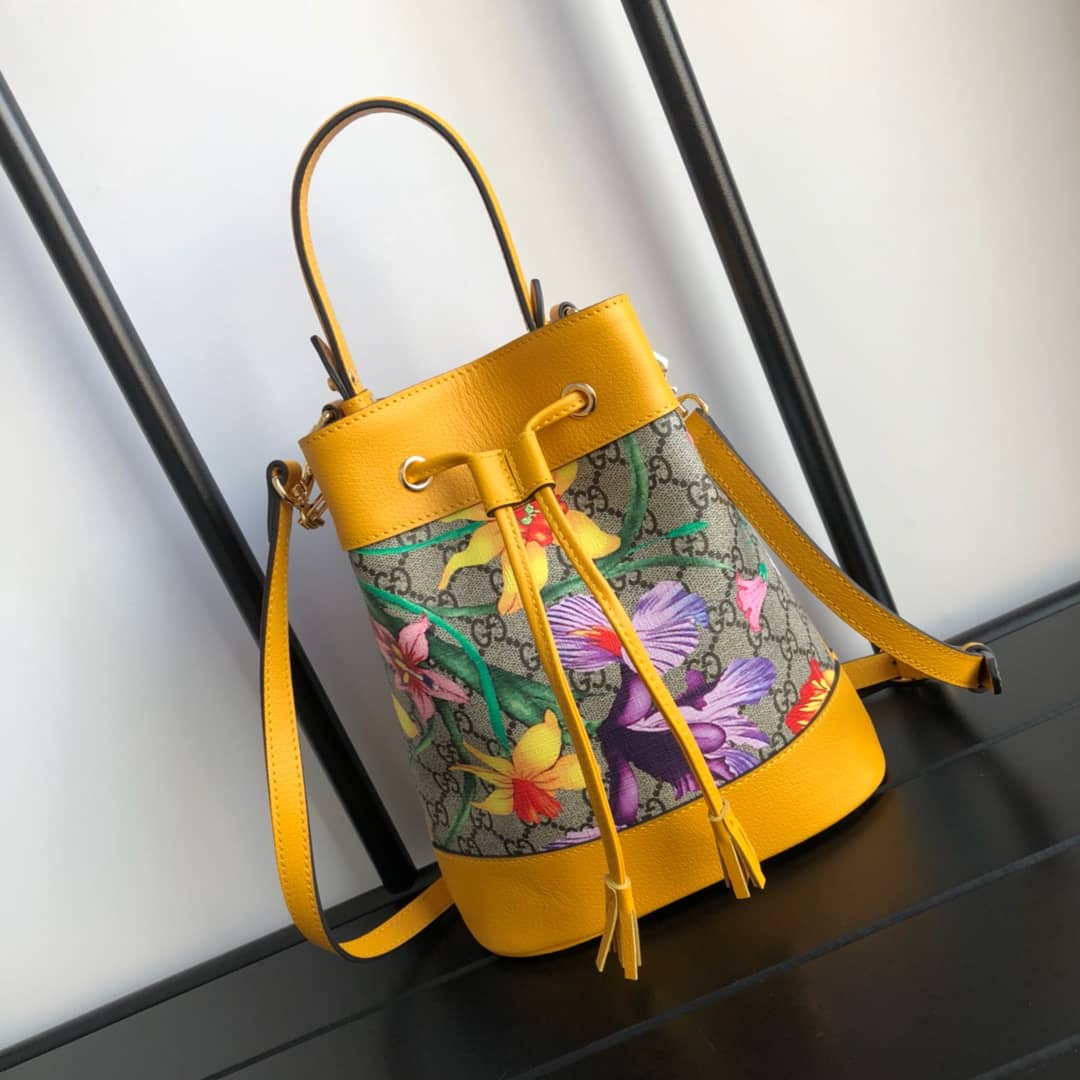 Best Replica Gucci Ophidia GG Flora Pattern Small Bucket Bag Replica Yellow 550621 - Colareps