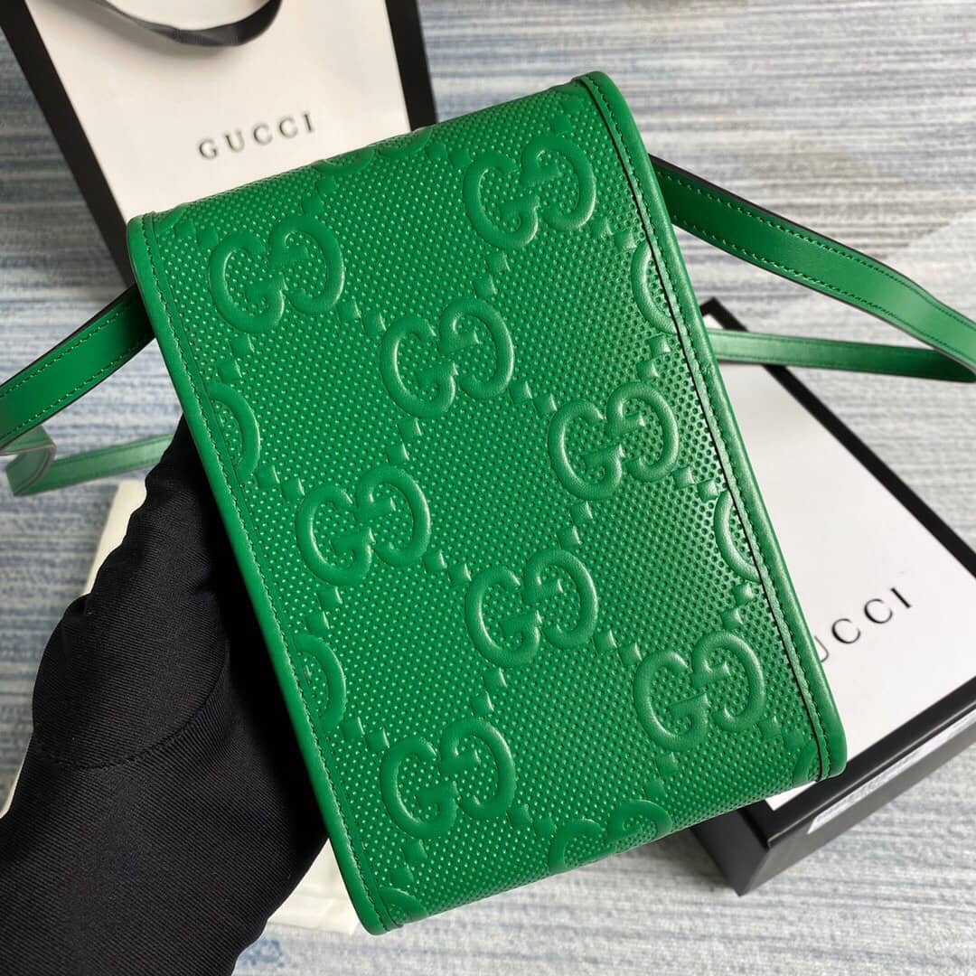 Best Replica Gucci GG Embossed Leather Mini Messenger Bag Replica Green 625571 - Colareps