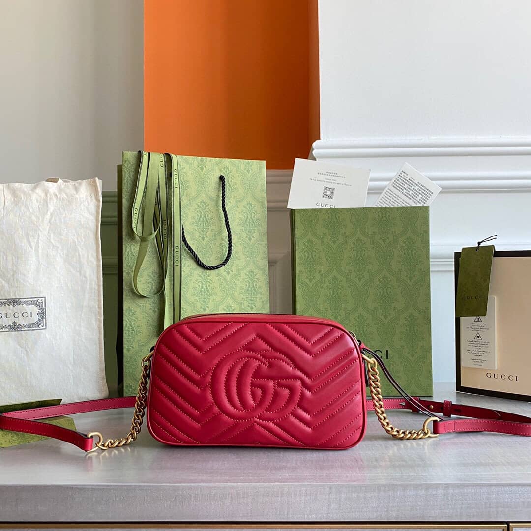 Best Replica Gucci GG Marmont Small Shoulder Handbag Camera Bag Replica Red 447632 - Colareps