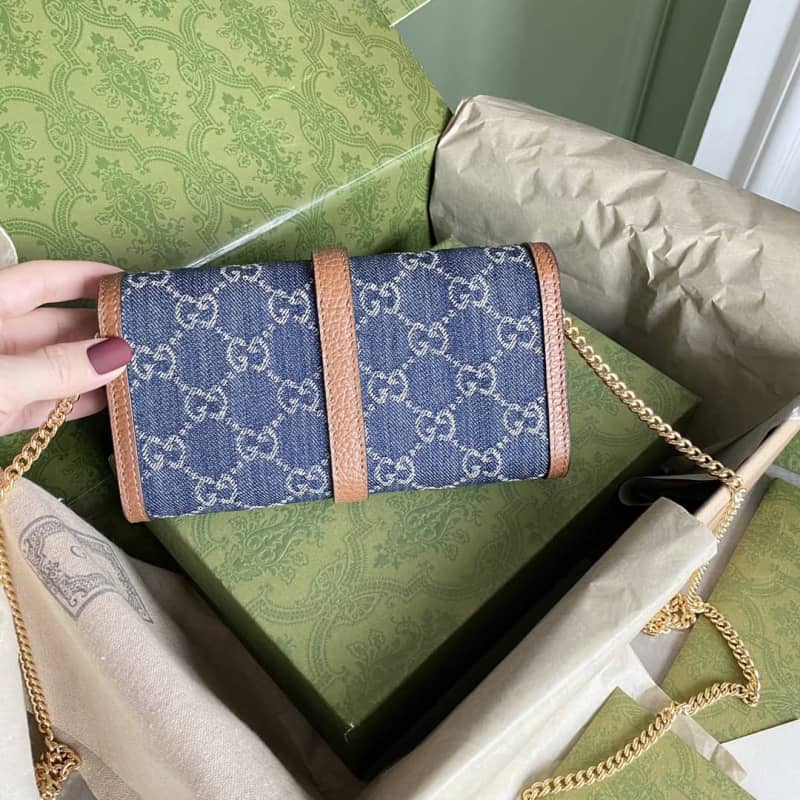 Best Replica Gucci Jackie 1961 Chain Wallet Organic GG Denim Raplica 652681 - Colareps