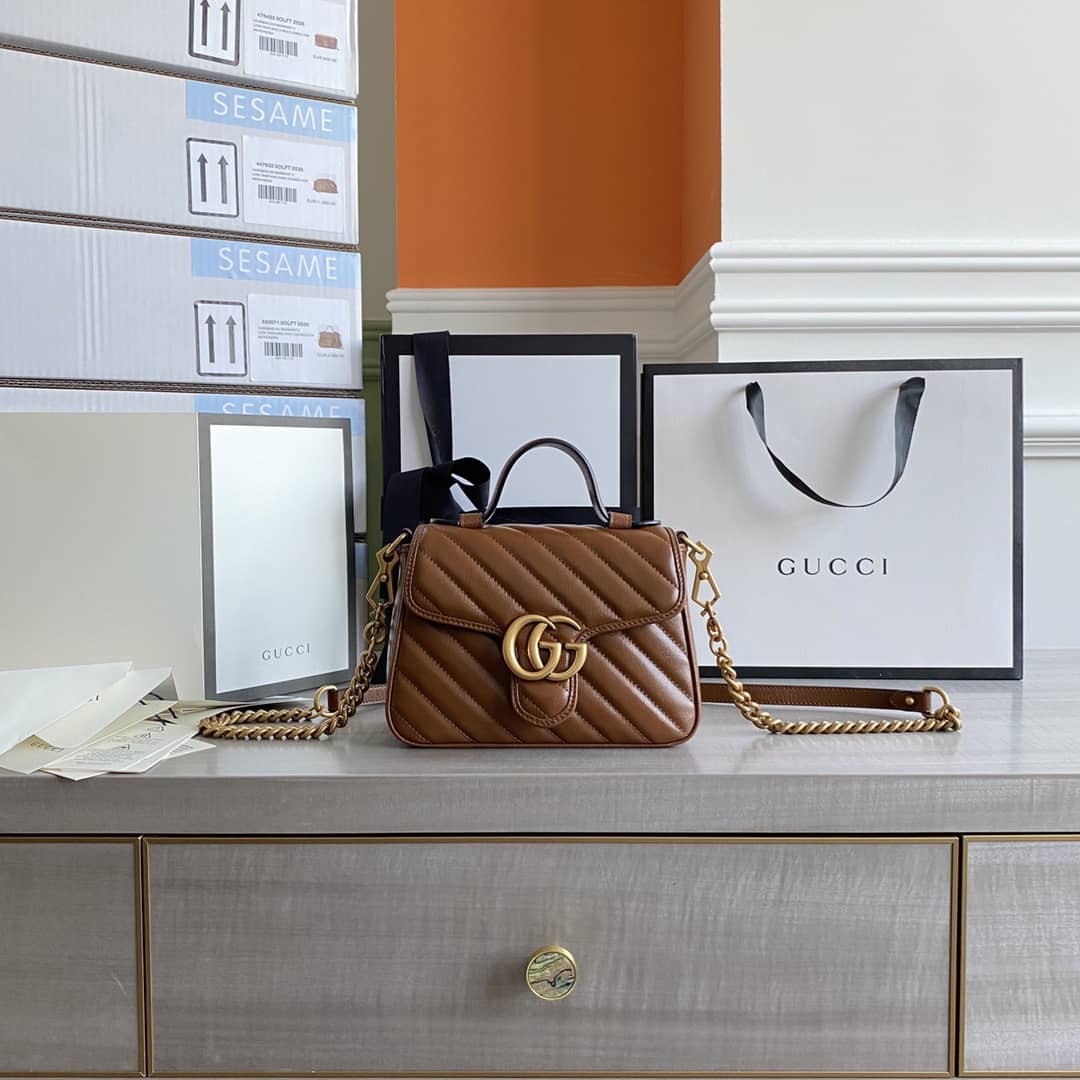 Best Replica Gucci GG Marmont Mini Top Handle Bag Replica Brown 583571 - Colareps