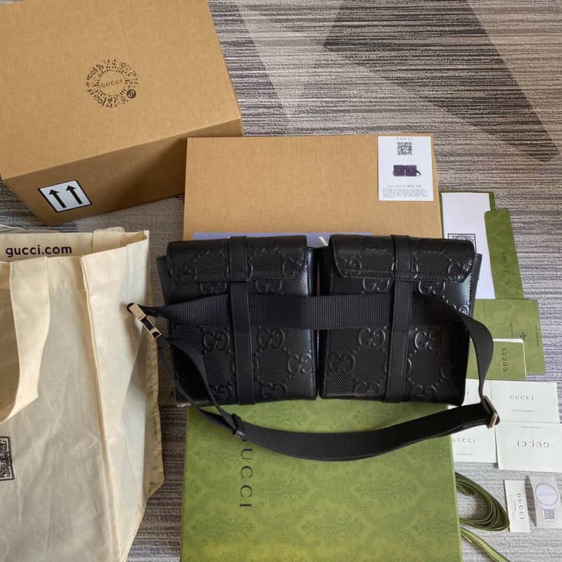 Best Replica Gucci GG Emboss Waist Body Leather Bag Replica Black 631339 - Colareps
