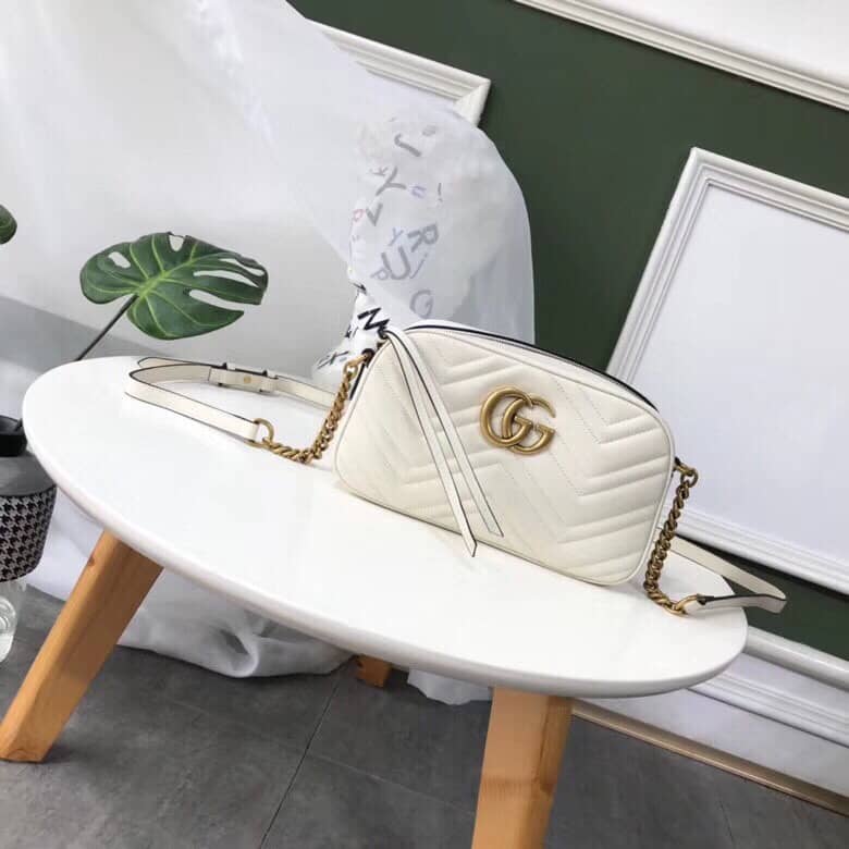Best Replica Gucci GG Marmont Small Shoulder Handbag Camera Bag Replica White 447632 - Colareps