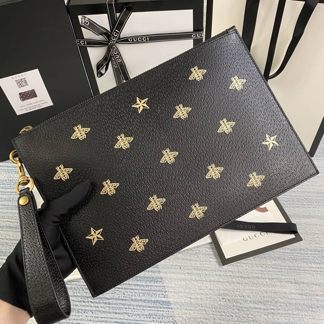 Best Replica Gucci Mens Bee Star Leather Pouch Replica 495066 - Colareps