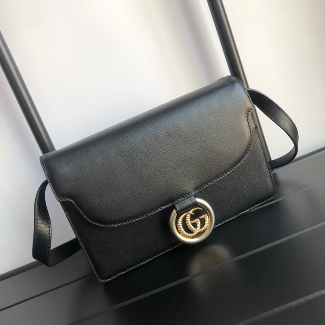 Best Replica Gucci GG Ring Torchon Leather Shoulder Bag Replica Black 589474 - Colareps