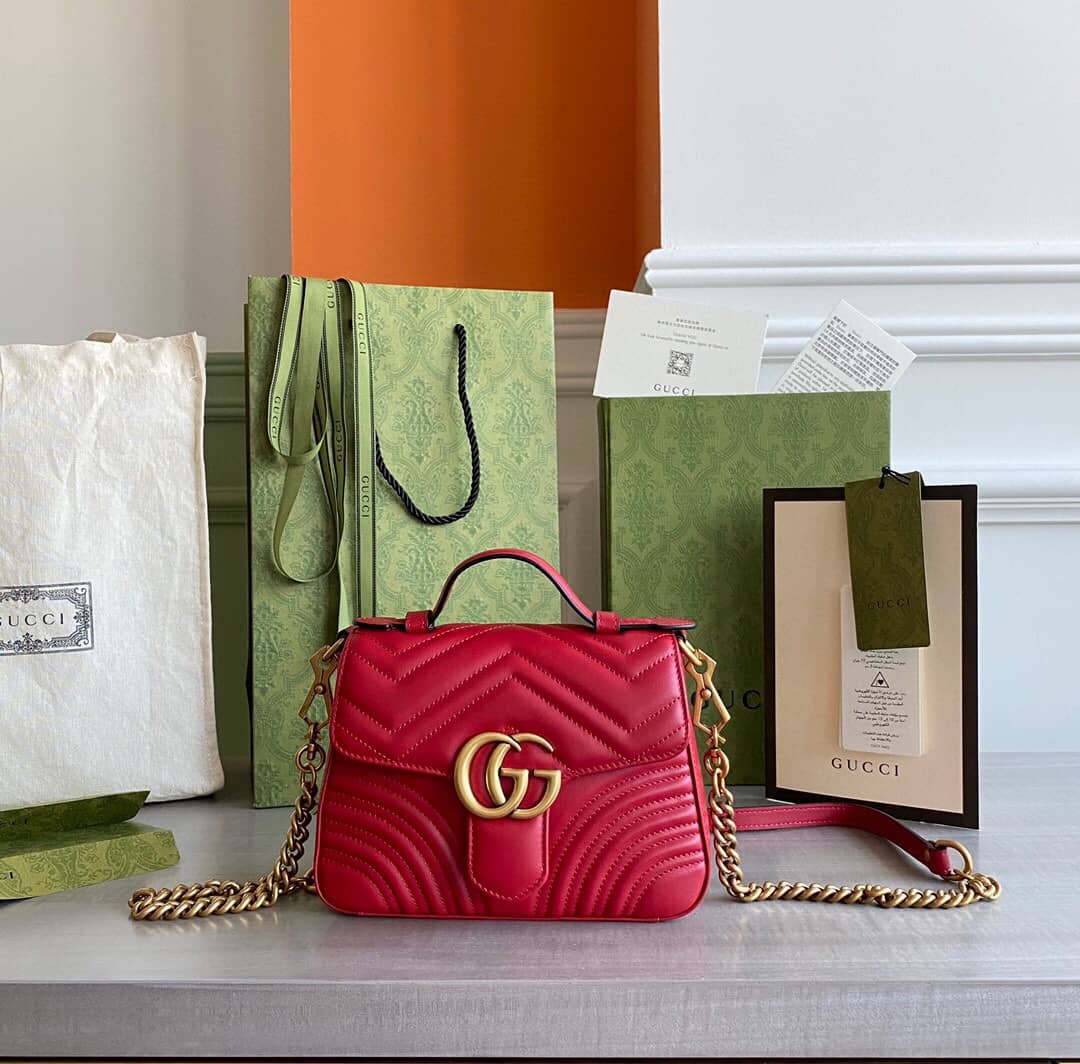Best Replica Gucci GG Marmont Mini Leather Top Handle Bag Replica Red 547260 - Colareps