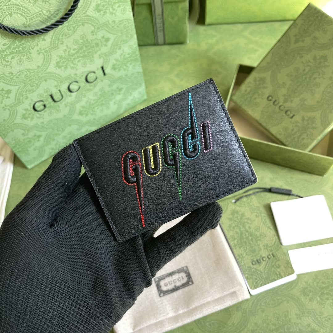 Best Replica Gucci Calfskin Blade Embroidered Card Case Replica Black 609822 - Colareps