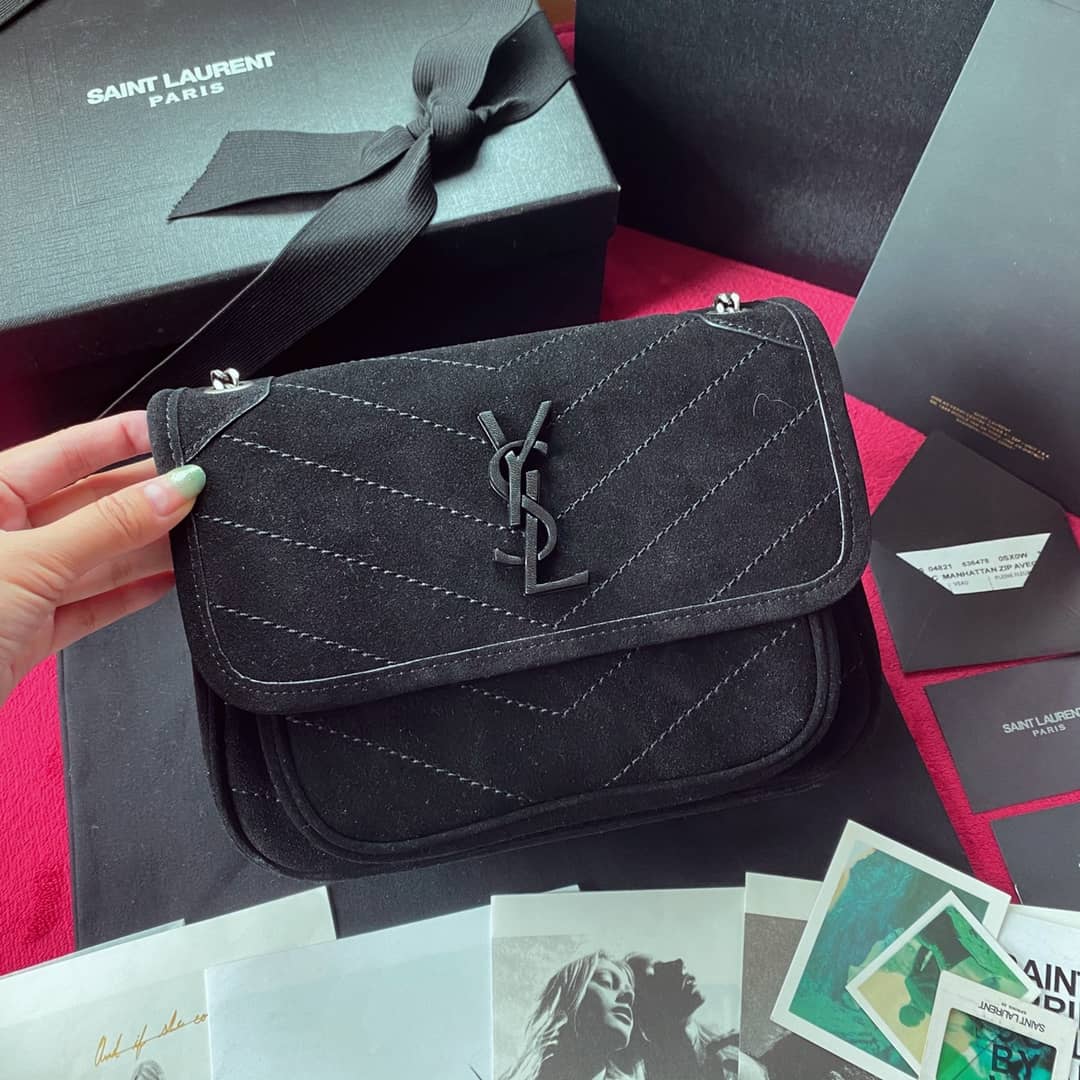 Best Replica YSL Dupes Bags Niki Small In Frosted Leather Black Bag - Colareps