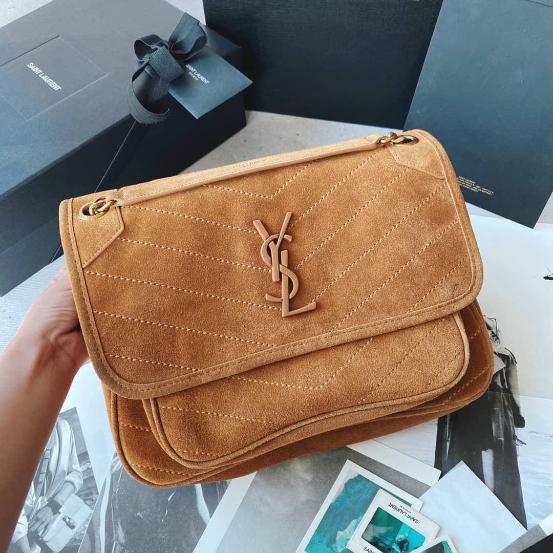 Best Replica YSL Dupes Bags Niki Medium In Suede Leather Caramel Bag - Colareps