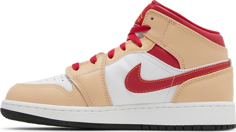 Best Replica Air Jordan 1 Mid GS  Light Curry Cardinal Red  554725-201 - Colareps