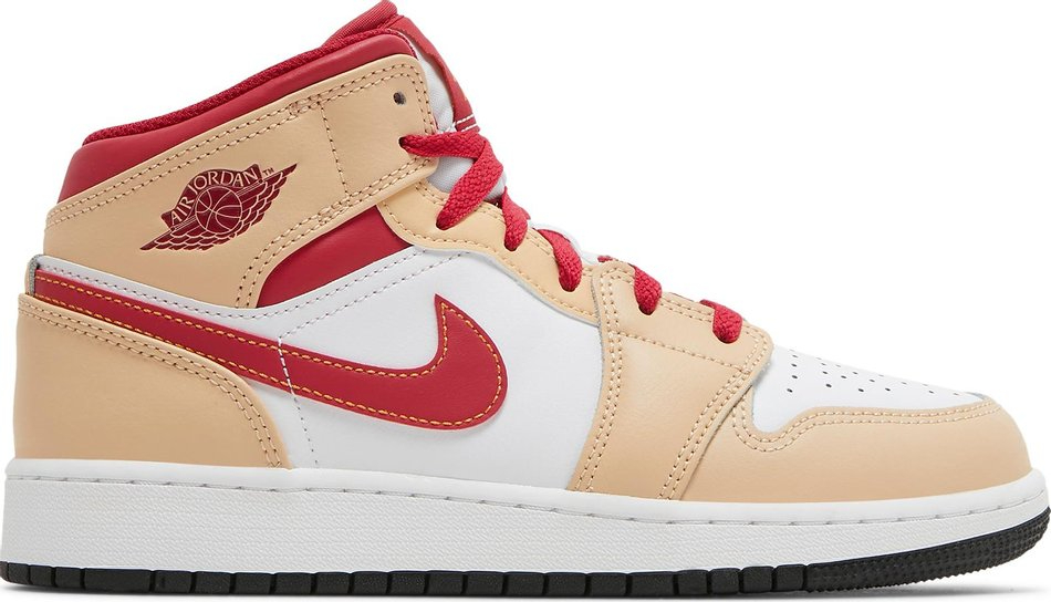 Best Replica Air Jordan 1 Mid GS  Light Curry Cardinal Red  554725-201 - Colareps