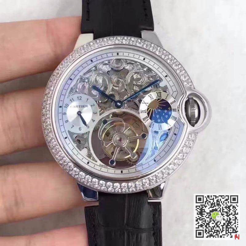 Best Replica Replica Ballon Bleu De Cartier Tourbillon 1:1 Best Edition Swiss Tourbillon Diamonds bezel Black Leather Strap - Colareps